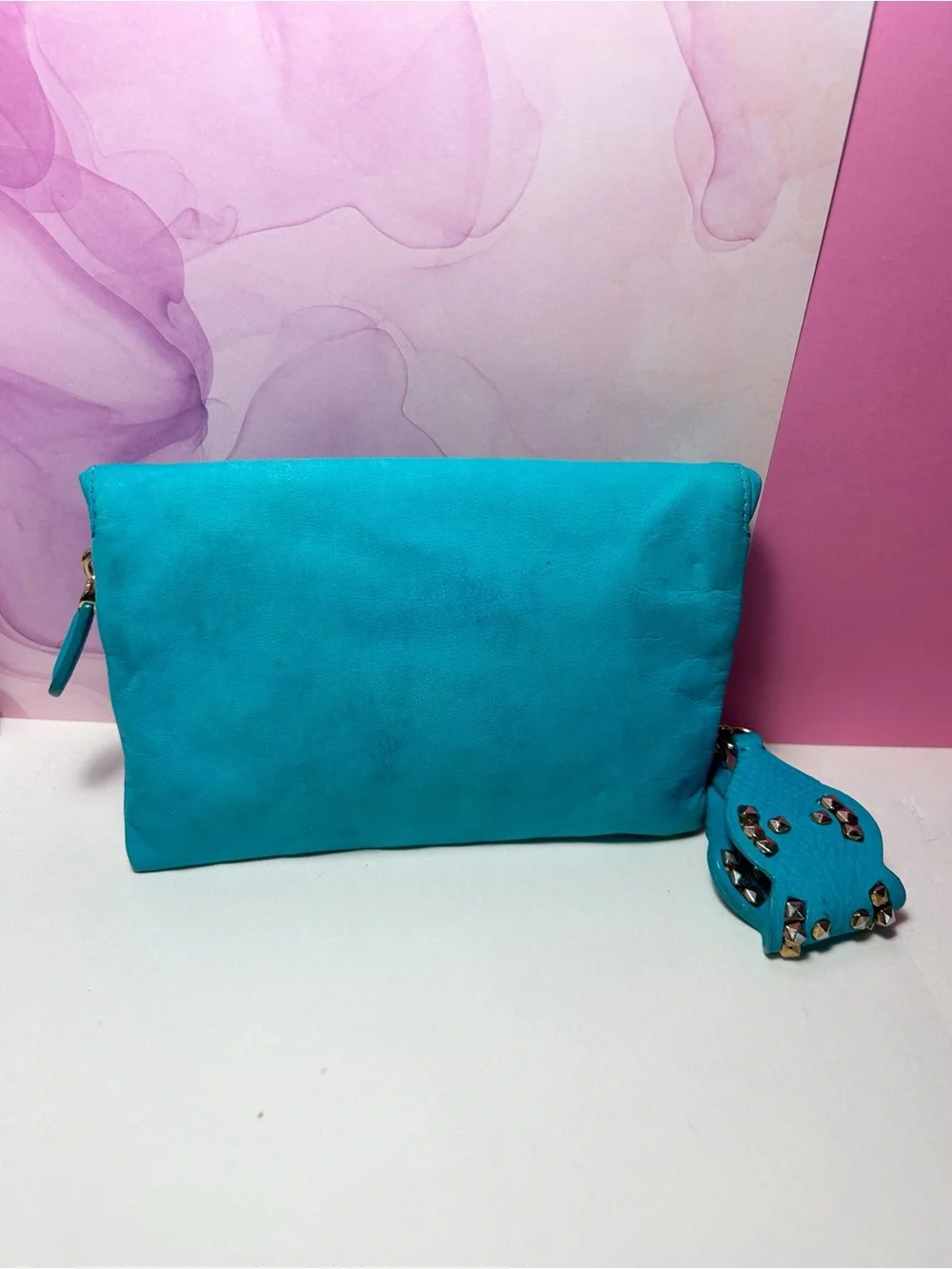 Henri Bendel Turquoise/Aqua Suede Fold Over Clutch Wristlet